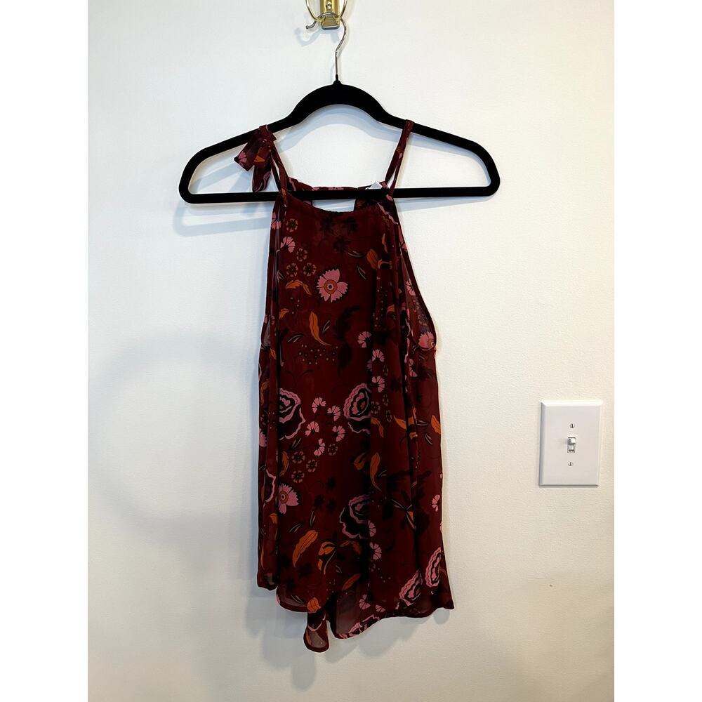 BB Dakota Floral High Neck Tank Top XS Burgundy Boho Sleeveless Flowy Blouse
